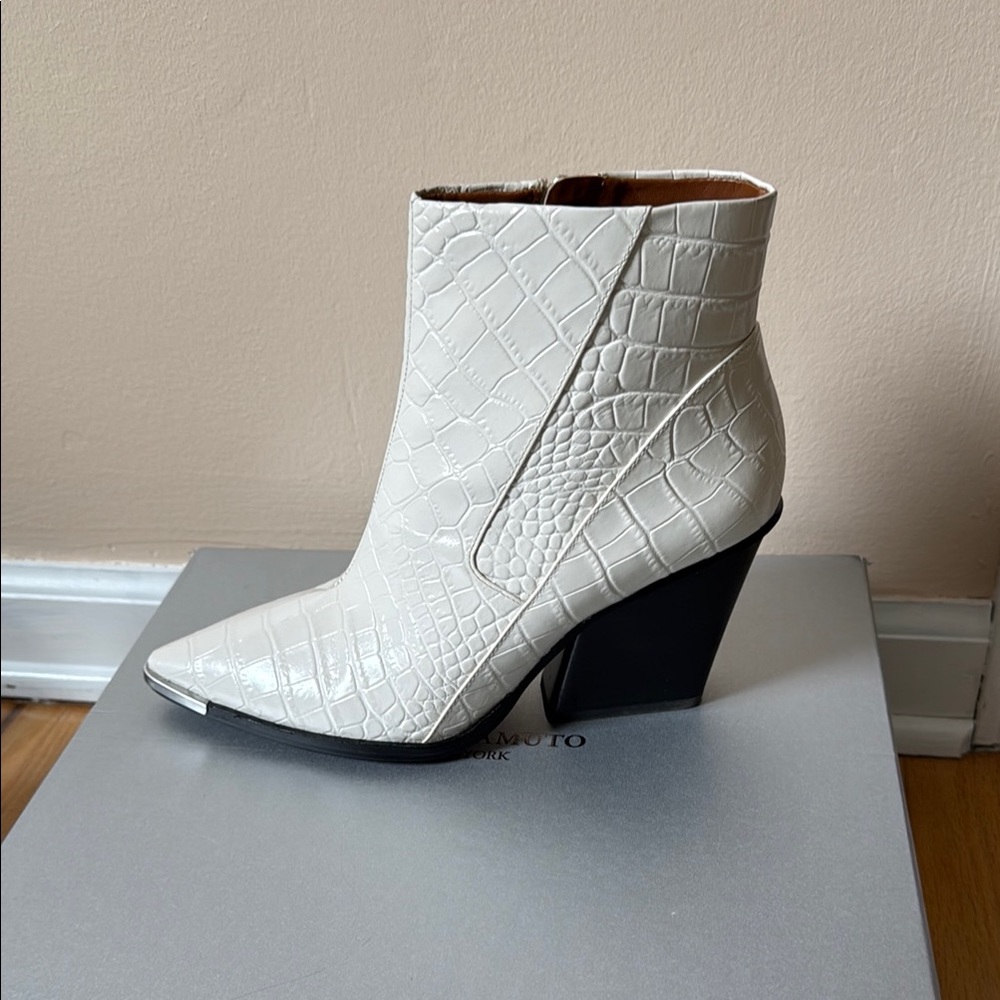 White Textured Leather Ankle Booties